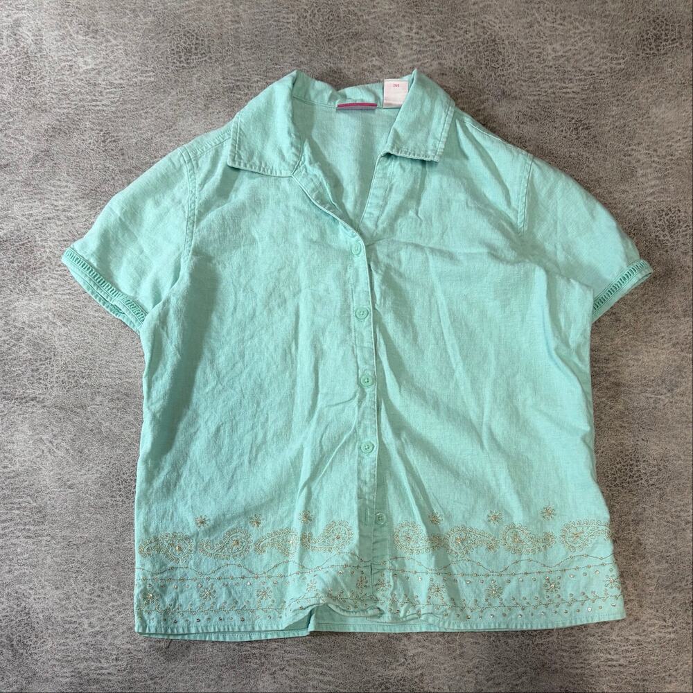 Mint Linen Embellished Paisley Button Up Blouse